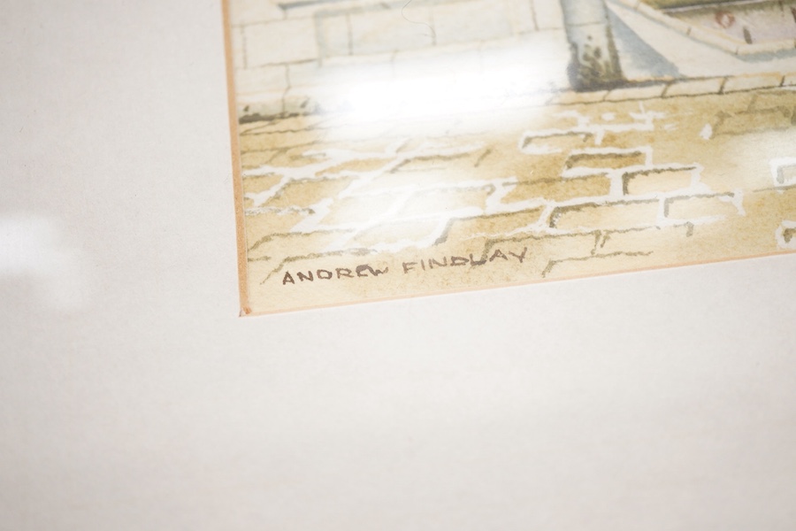 Andrew Findley (contemporary), Street scenes, one signed, each with National Fine Arts labels verso, pair of watercolours, 21 x 17cm